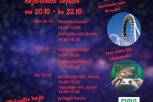 Peli-illat kirjastoauto Sirpussa, aikataulu ja kuvia: vuoristorata, pleikkaohjain.