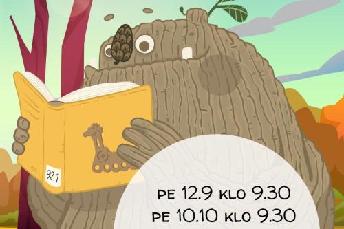 Syksyn satutuokioajat. Takana piirretty Kaarna-hahmo lukee kirjaa