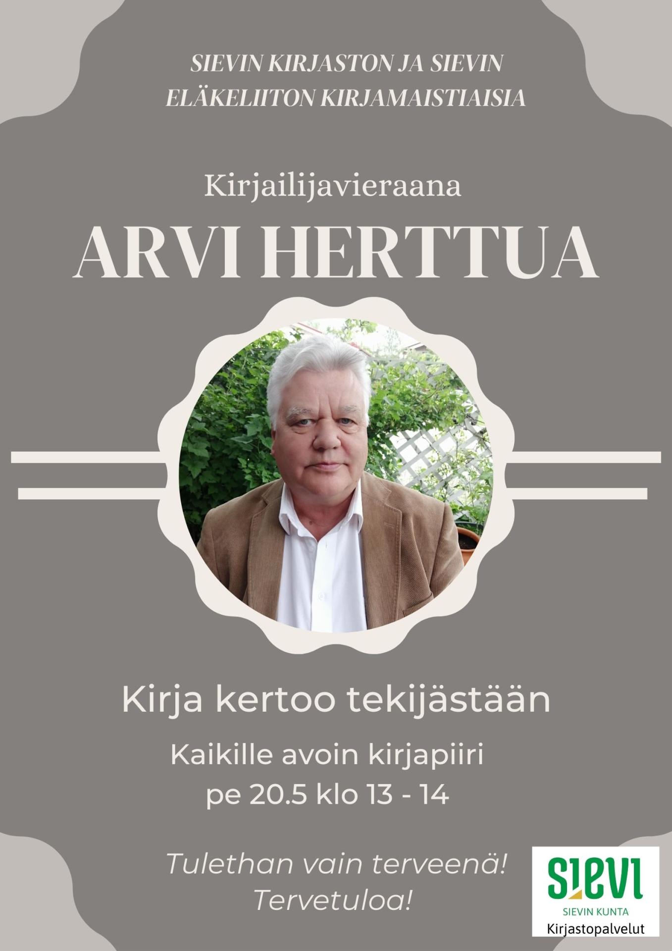 Kirjailijan kuva ja tapahtumailmoituksen teksti