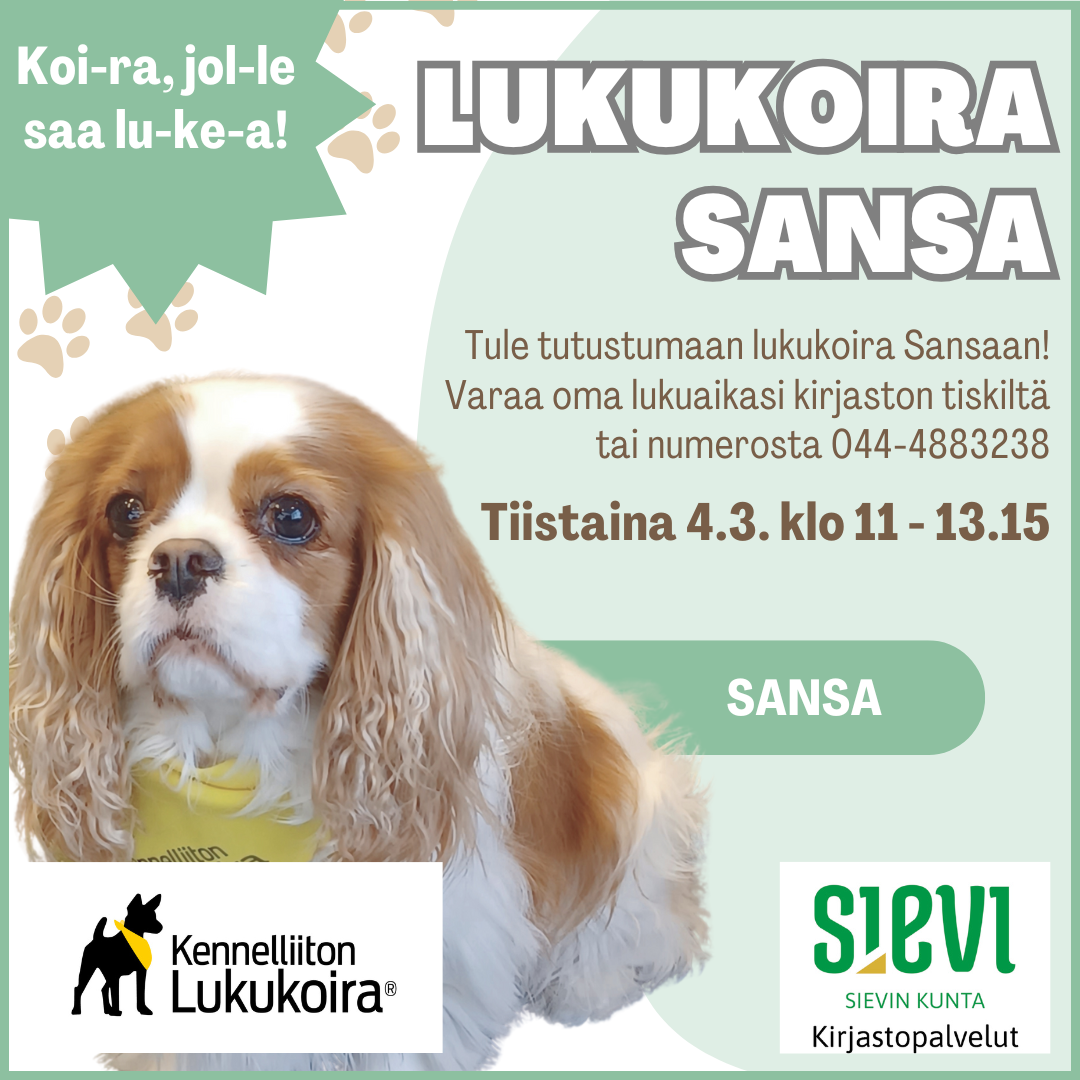 Lukukoira Sansa huivi kaulassaan.