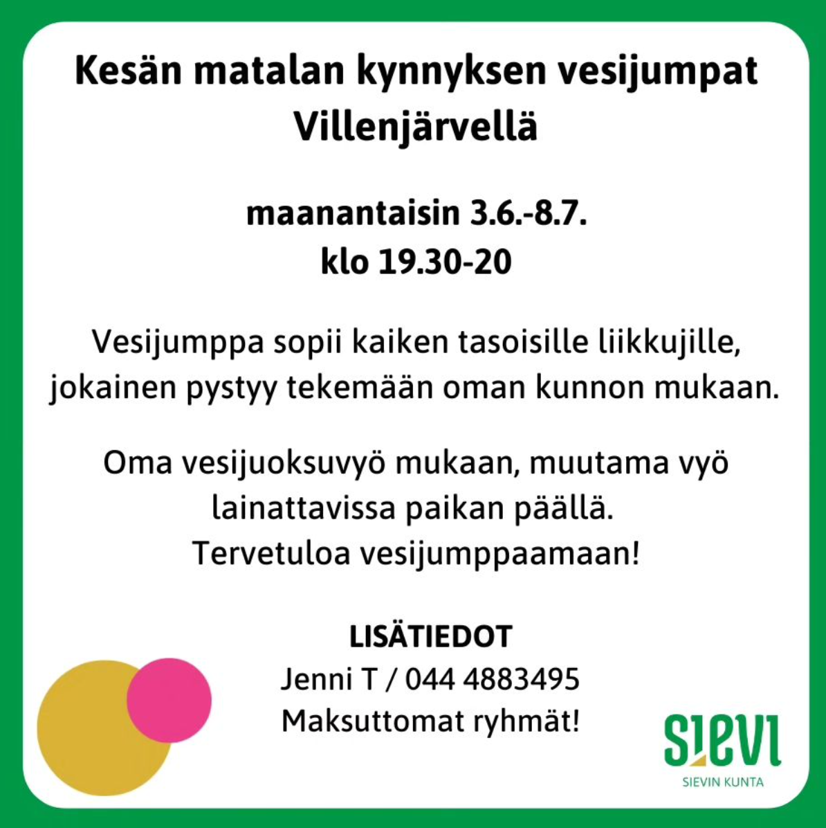 Vesijumppa sopii kaiken tasoisille liikkujille, jokainen pystyy tekemään oman kunnon mukaan. Oma vesijuoksuvyö mukaan, muutama vyö lainattavissa paikan päällä. Tervetuloa vesijumppaamaan!