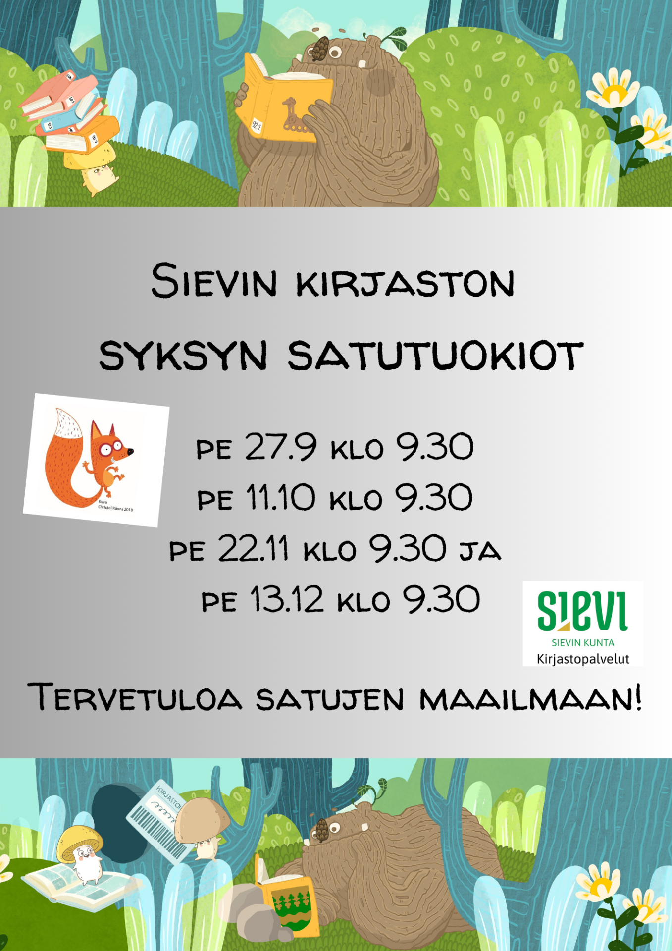 Listaus syksyn 2024 satutuokioista Sievin kirjastossa