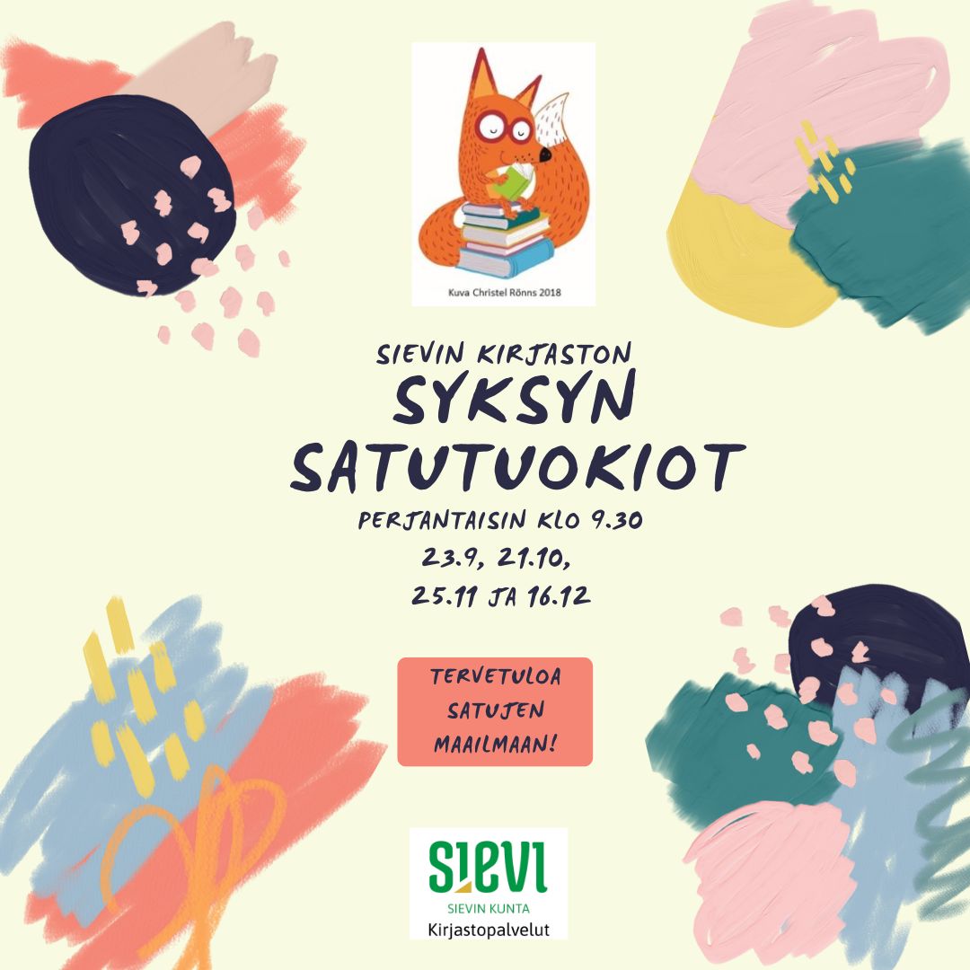 Satutuokiotapahtuman mainos, yläreunassa piirros lukuketusta istumassa kirjapinon päällä
