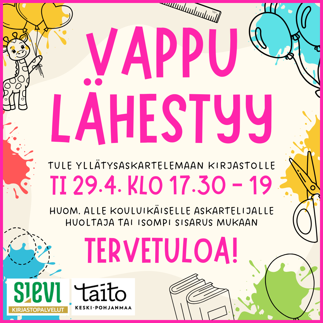 Kirahvi, ilmapalloja, sakset.